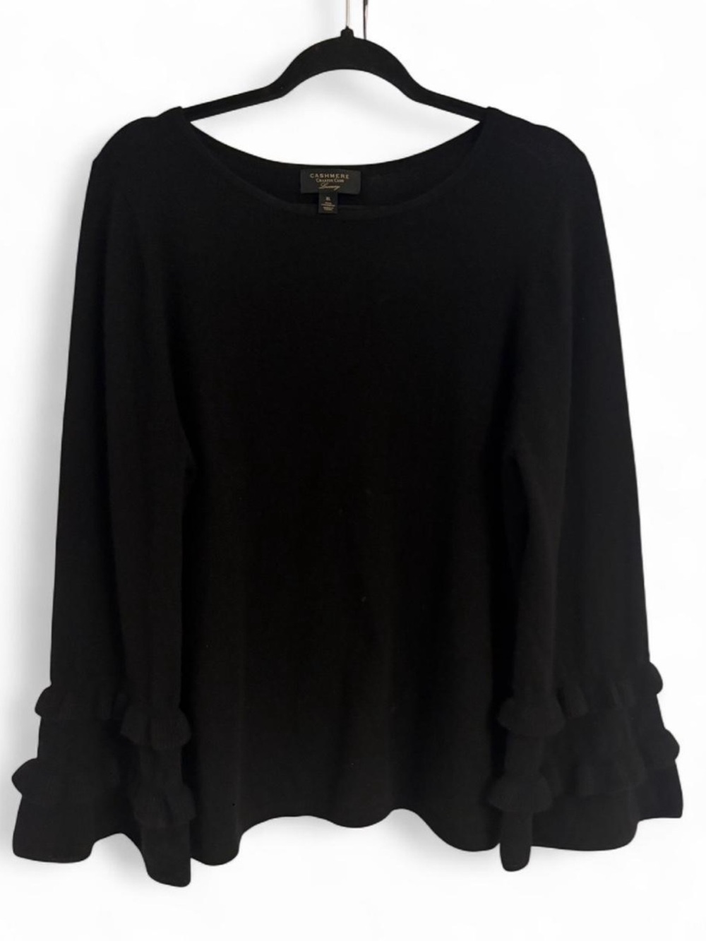 Charter Club 100% Cashmere Black Long-Sleeve Top with Layered Ruffle Cuffs